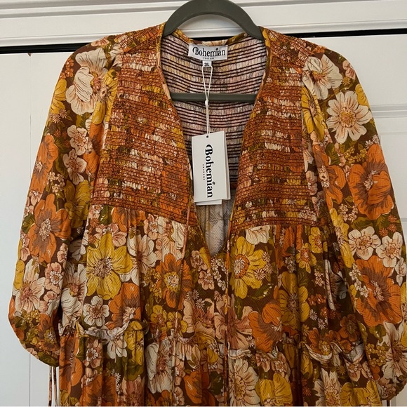 Bohemian Traders Smocked Tonal Embroidery Mini Dress in Retro Floral Rust - XXL - Picture 7 of 9